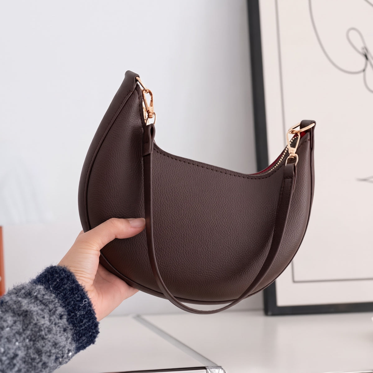 Women's Vintage Crescent Moon Shoulder Bag, PU Handbag with Removable Strap & Zipper Closure, Travel Crossbody Bag