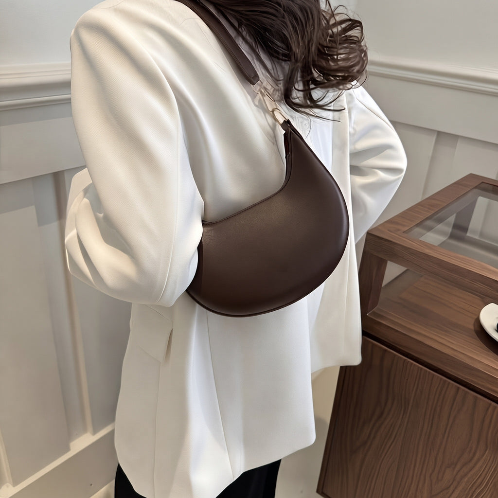 Women's Vintage Crescent Moon Shoulder Bag, PU Handbag with Removable Strap & Zipper Closure, Travel Crossbody Bag