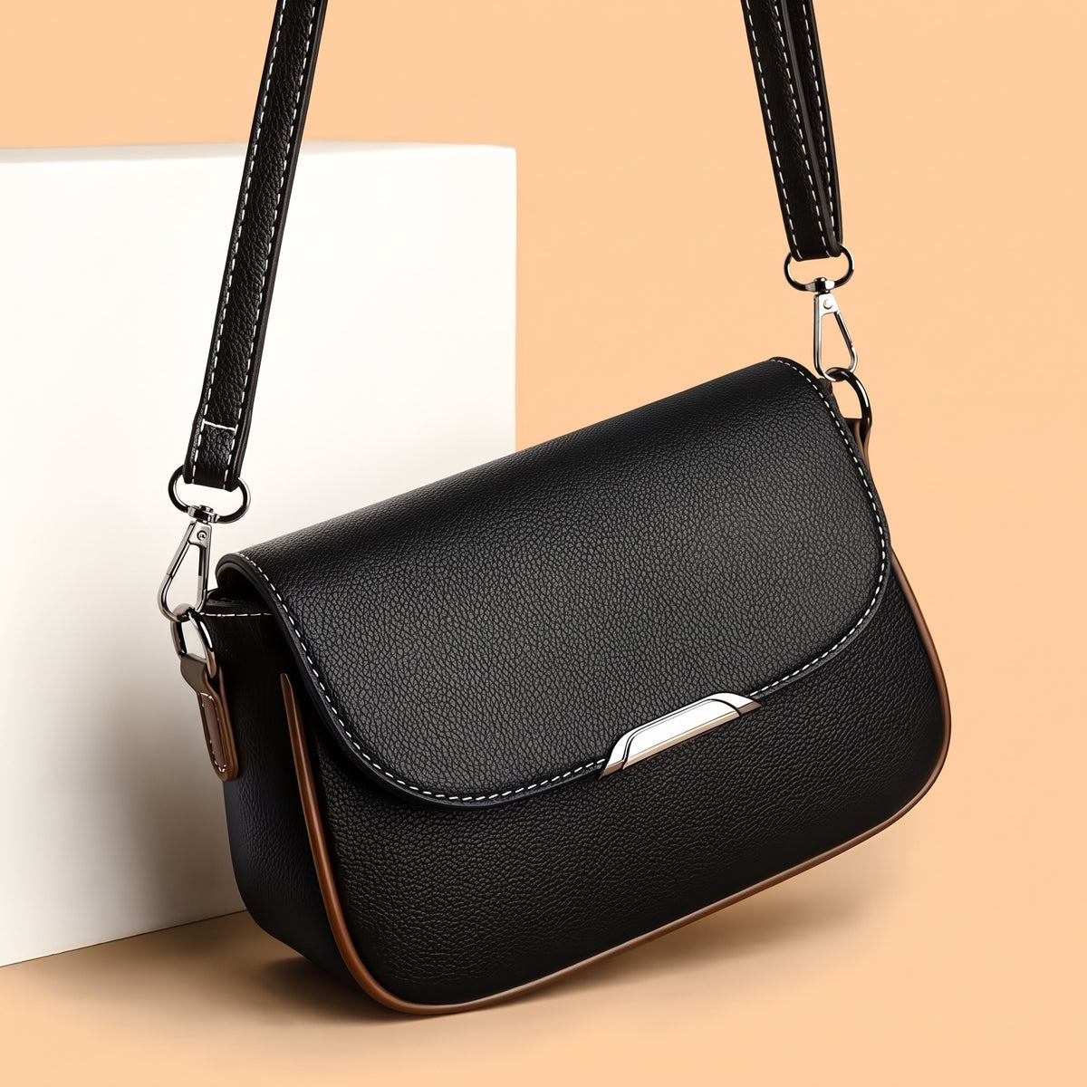 Women's PU Flip-Top Crossbody Bag, Solid Color Shoulder Bag with Removable Strap & Zipper Closure, Casual Daily Handbag