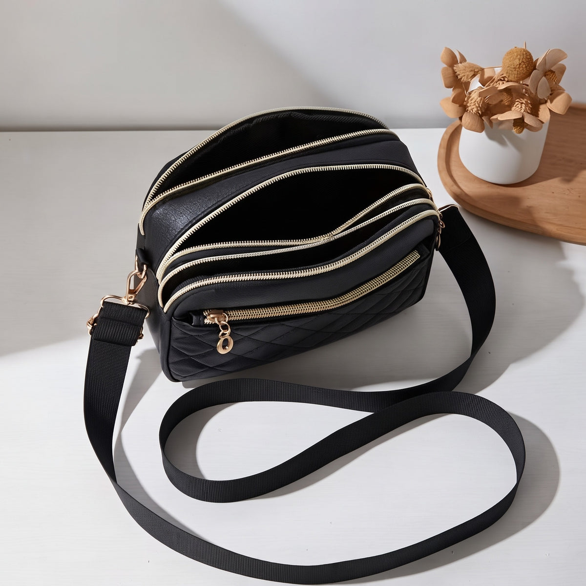 Women's Fashion Rhombus Stitched Crossbody Bag, Multi-Layer Plaid Handbag with Zipper Closure, Black Crossbody Bag