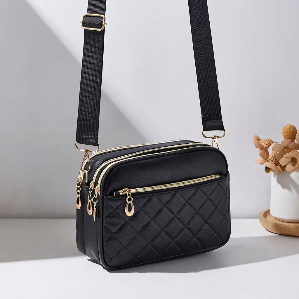Women's Fashion Rhombus Stitched Crossbody Bag, Multi-Layer Plaid Handbag with Zipper Closure, Black Crossbody Bag