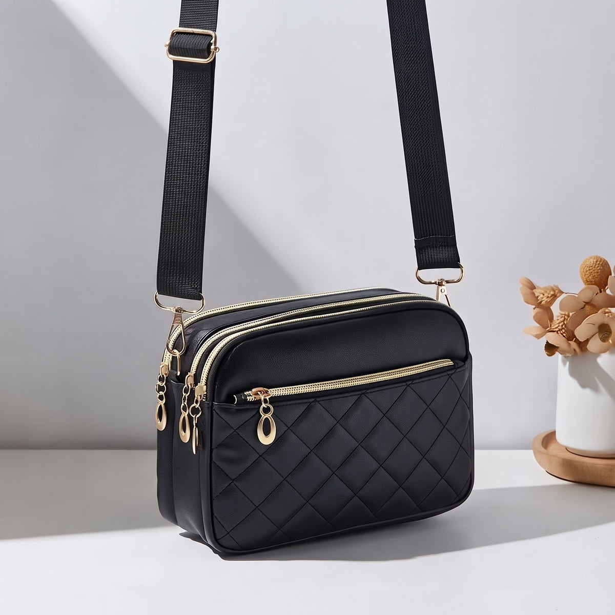 Women's Fashion Rhombus Stitched Crossbody Bag, Multi-Layer Plaid Handbag with Zipper Closure, Black Crossbody Bag
