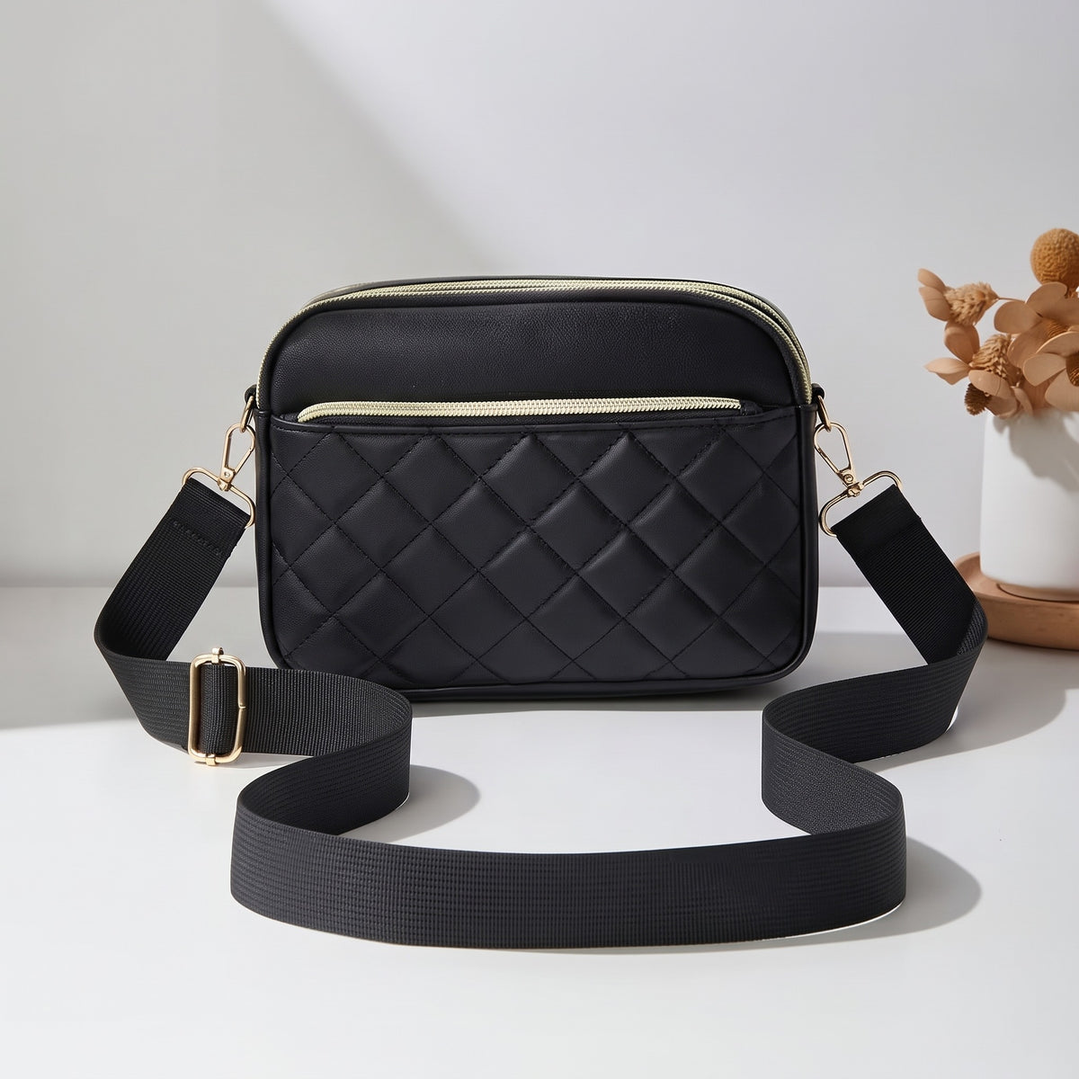 Women's Fashion Rhombus Stitched Crossbody Bag, Multi-Layer Plaid Handbag with Zipper Closure, Black Crossbody Bag