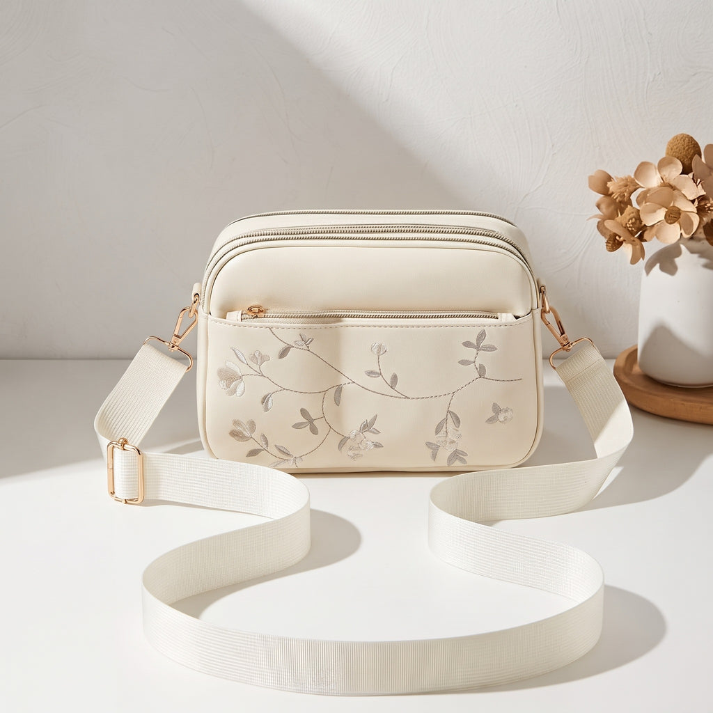 ADDJOY Women's Floral Embroidered Crossbody Bag, Beige Shoulder Bag with Removable Adjustable Strap & Zipper Closure