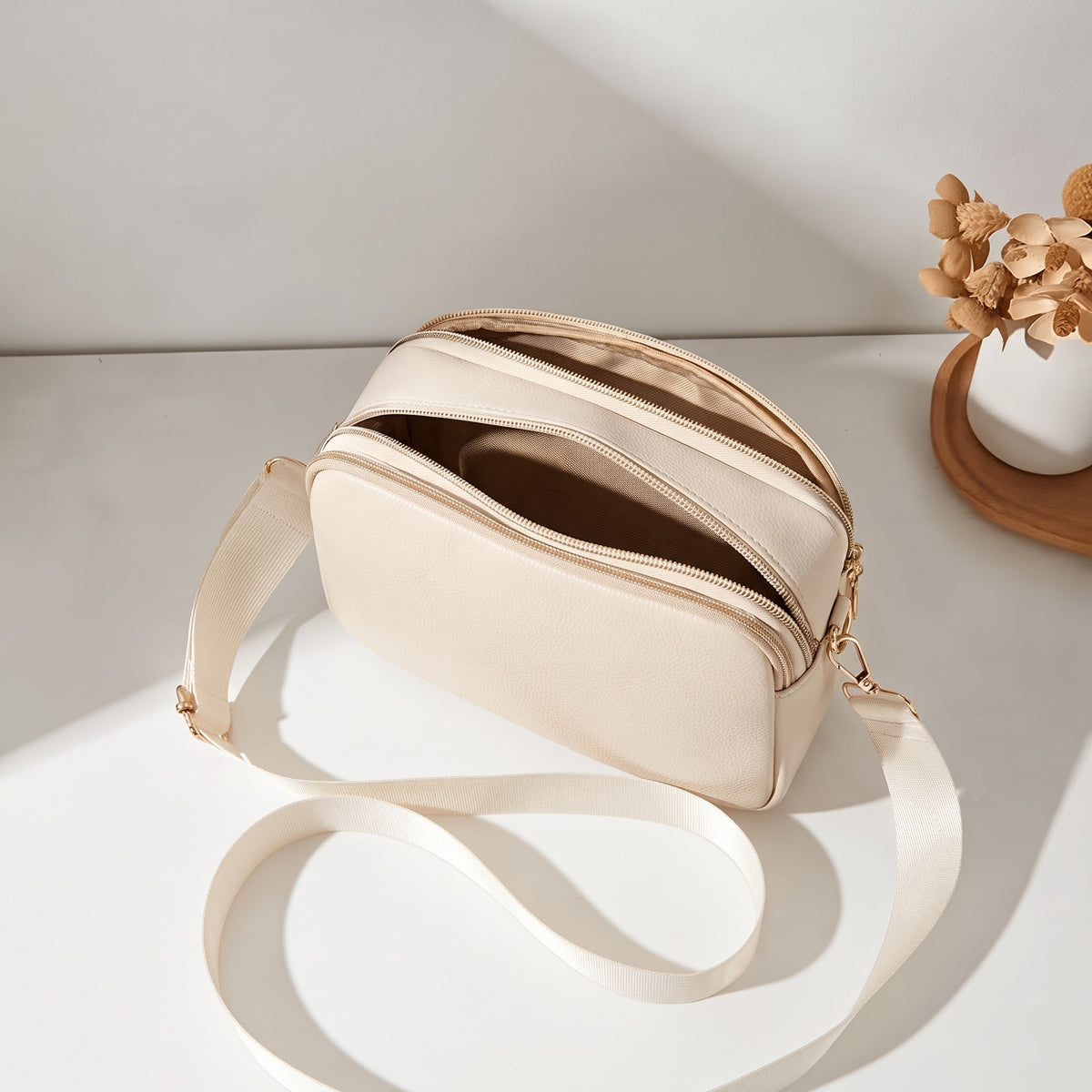 ADDJOY Women's Floral Embroidered Crossbody Bag, Beige Shoulder Bag with Removable Adjustable Strap & Zipper Closure