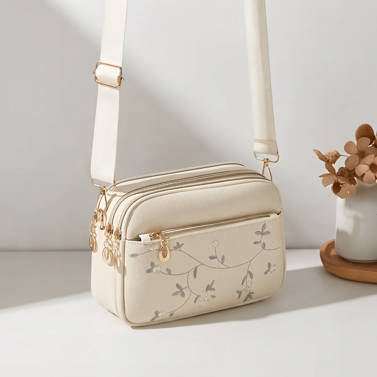 ADDJOY Women's Floral Embroidered Crossbody Bag, Beige Shoulder Bag with Removable Adjustable Strap & Zipper Closure