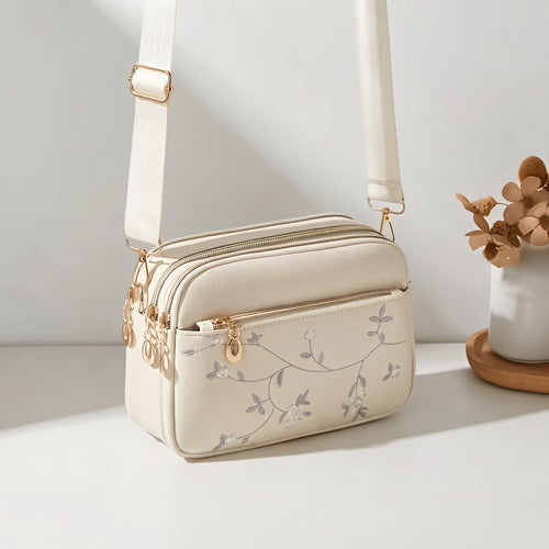 ADDJOY Women's Floral Embroidered Crossbody Bag, Beige Shoulder Bag with Removable Adjustable Strap & Zipper Closure