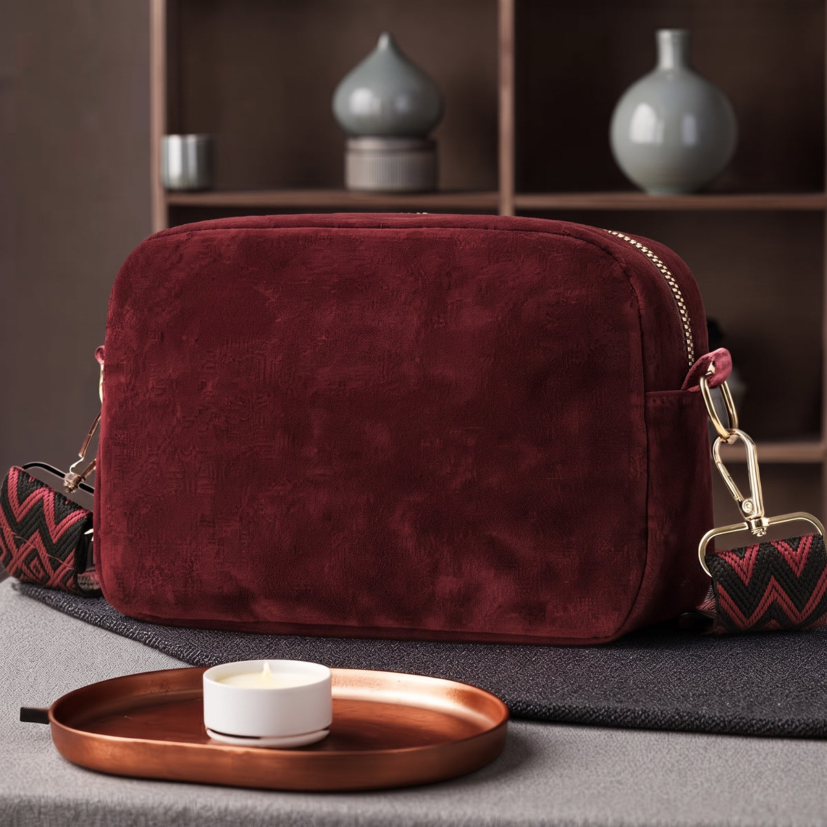 Women's Vintage Suede-Like Crossbody Bag, Red Solid Color Shoulder Handbag with Adjustable Strap & Zipper Closure