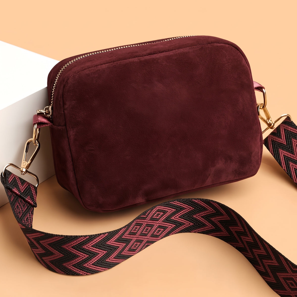 Women's Vintage Suede-Like Crossbody Bag, Red Solid Color Shoulder Handbag with Adjustable Strap & Zipper Closure