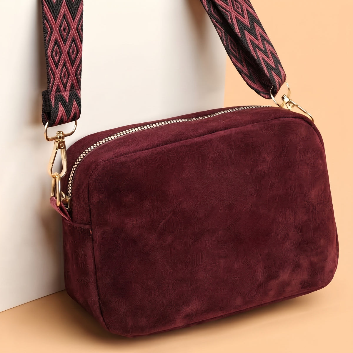 Women's Vintage Suede-Like Crossbody Bag, Red Solid Color Shoulder Handbag with Adjustable Strap & Zipper Closure
