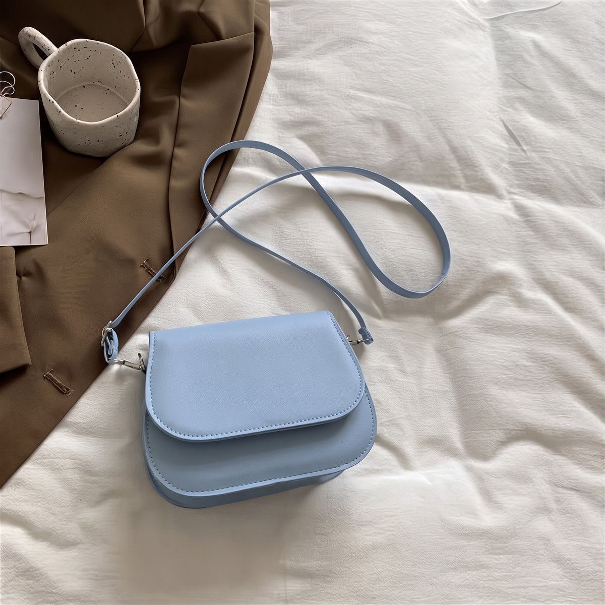 Women's Vintage Saddle Shoulder Bag, Light Blue Solid Color Small Messenger Handbag with Removable Strap