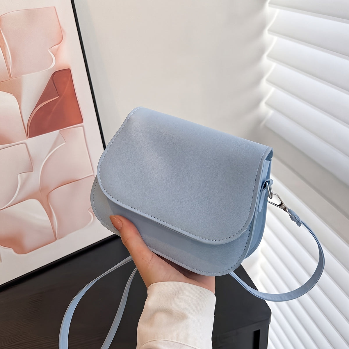 Women's Vintage Saddle Shoulder Bag, Light Blue Solid Color Small Messenger Handbag with Removable Strap