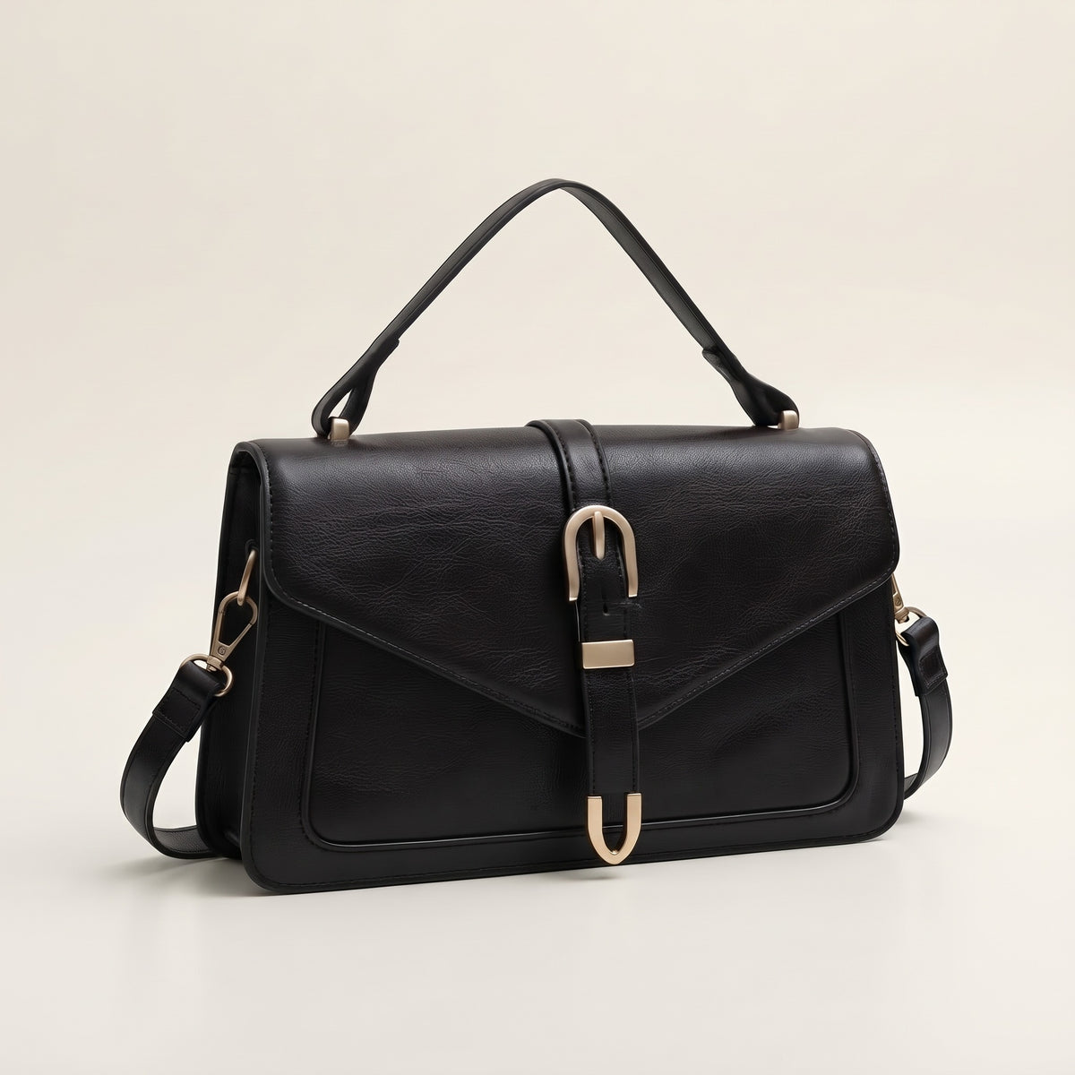 FidoFun Women's Plaid Shoulder Bag, Black PU Handbag with Detachable Strap, Wrist Strap & Golden Buckle Closure