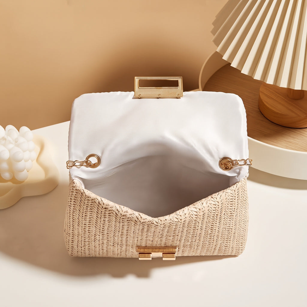 Women's Straw Woven Shoulder Bag, Beige Handwoven Square Messenger Bag with Removable Strap & Buckle Closure