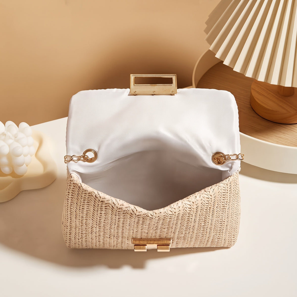 Women's Straw Woven Shoulder Bag, Beige Handwoven Square Messenger Bag with Removable Strap & Buckle Closure