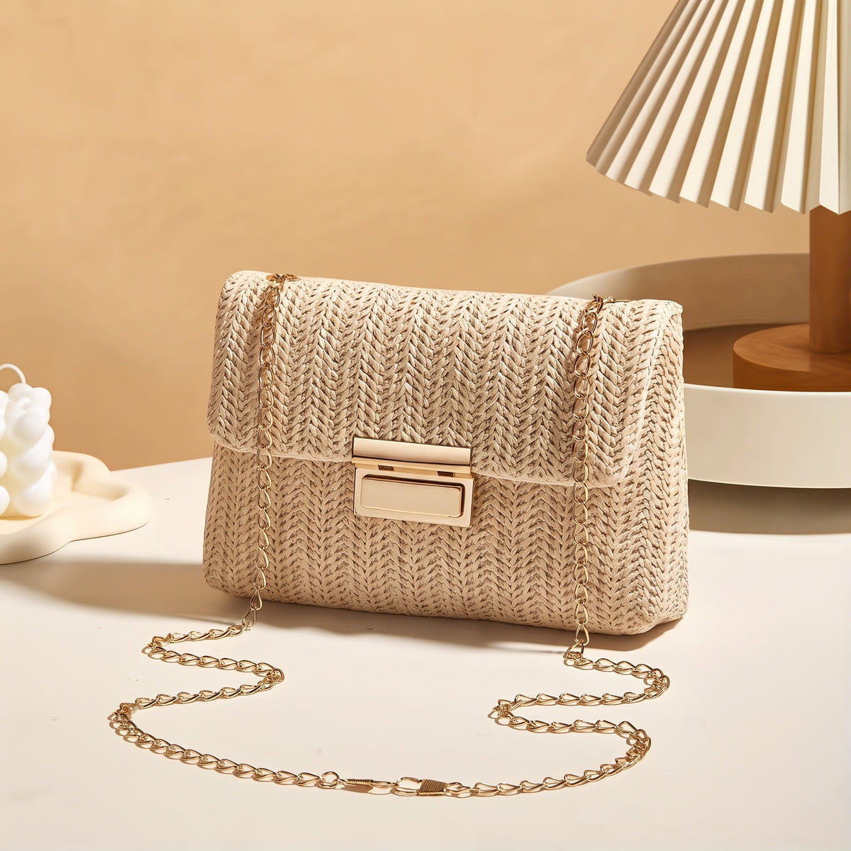 Women's Straw Woven Shoulder Bag, Beige Handwoven Square Messenger Bag with Removable Strap & Buckle Closure