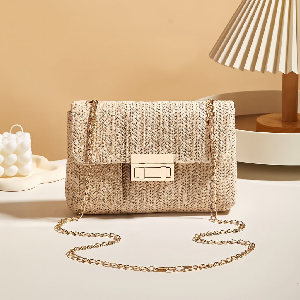 Women's Straw Woven Shoulder Bag, Beige Handwoven Square Messenger Bag with Removable Strap & Buckle Closure