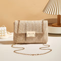Women's Straw Woven Shoulder Bag, Beige Handwoven Square Messenger Bag with Removable Strap & Buckle Closure