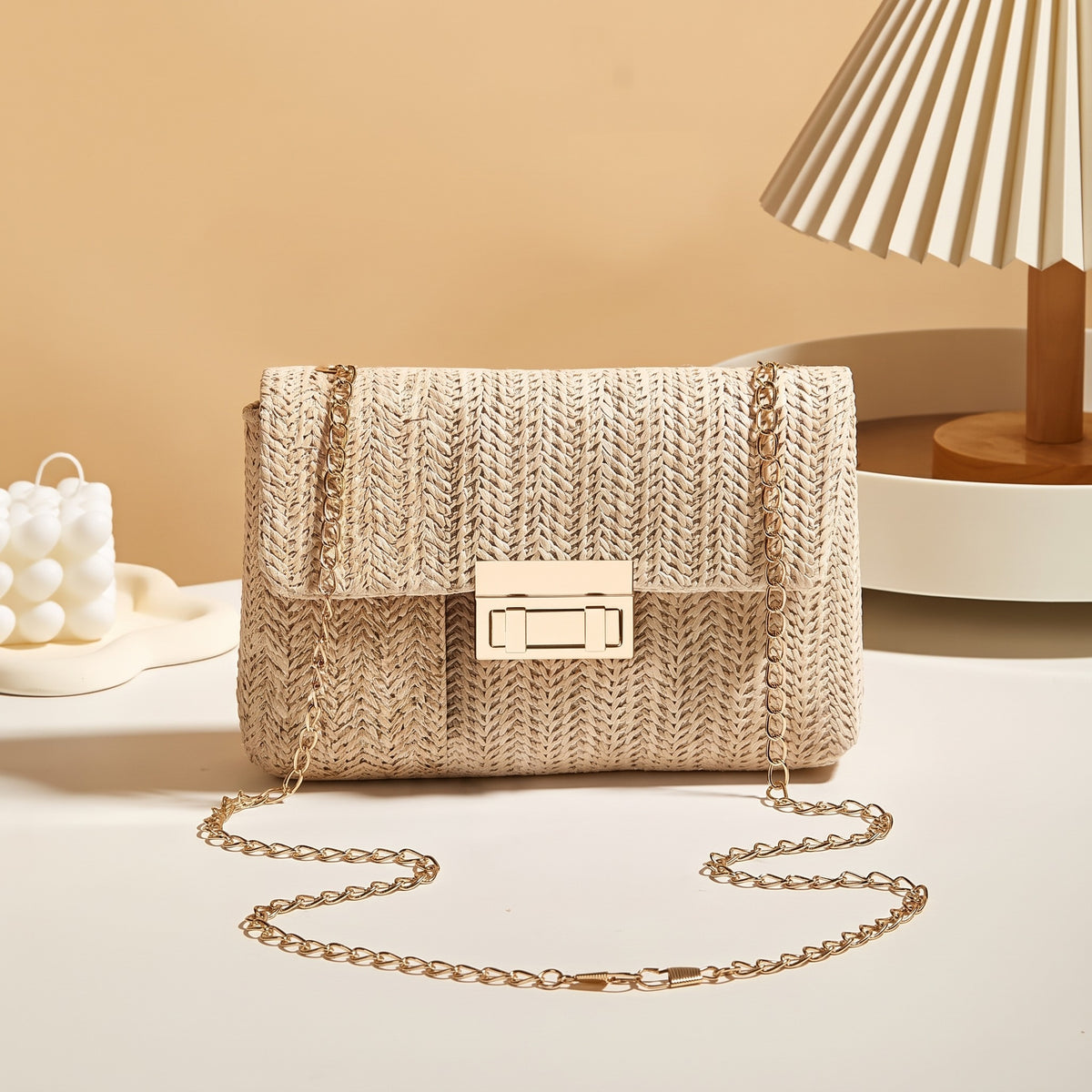Women's Straw Woven Shoulder Bag, Beige Handwoven Square Messenger Bag with Removable Strap & Buckle Closure