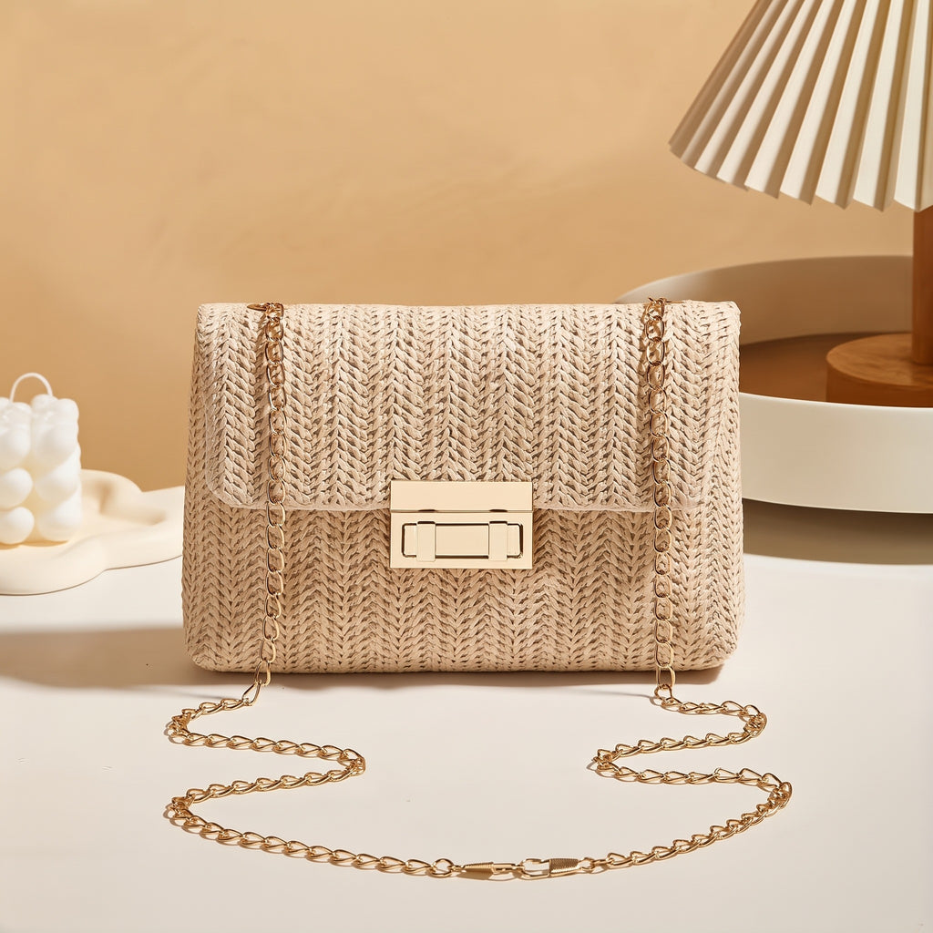 Women's Straw Woven Shoulder Bag, Beige Handwoven Square Messenger Bag with Removable Strap & Buckle Closure