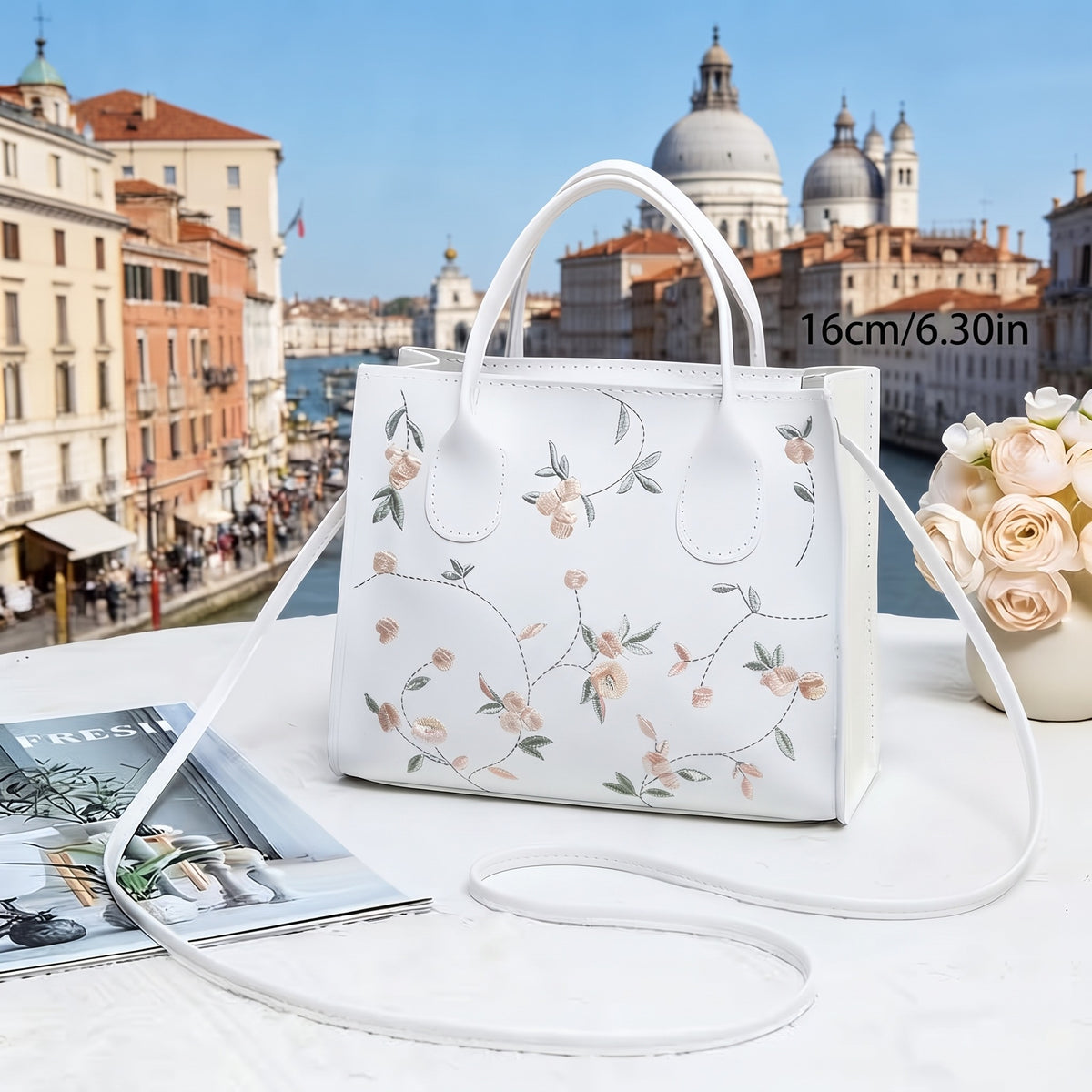 Women's Embroidered Floral Tote Bag, Large Capacity Faux Leather Handbag with Zipper, Handheld & Crossbody Carrying