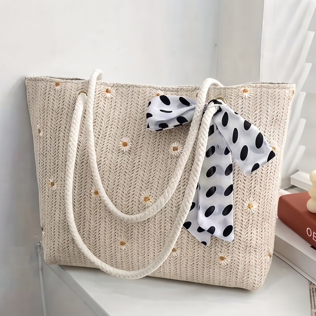 Seka Paul Women's Summer Straw-Style Tote Bag, Beige Floral Woven Beach Bag, Lightweight Casual Handbag