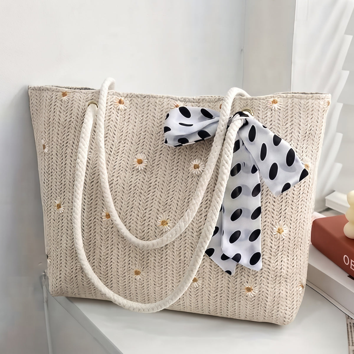 Seka Paul Women's Summer Straw-Style Tote Bag, Beige Floral Woven Beach Bag, Lightweight Casual Handbag