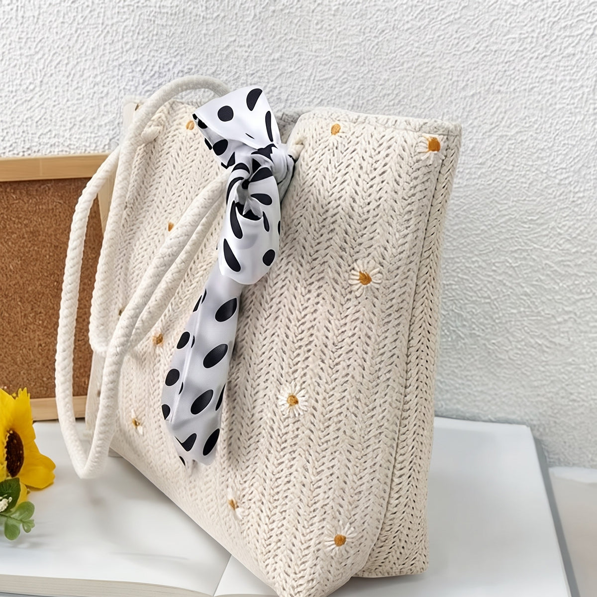 Seka Paul Women's Summer Straw-Style Tote Bag, Beige Floral Woven Beach Bag, Lightweight Casual Handbag