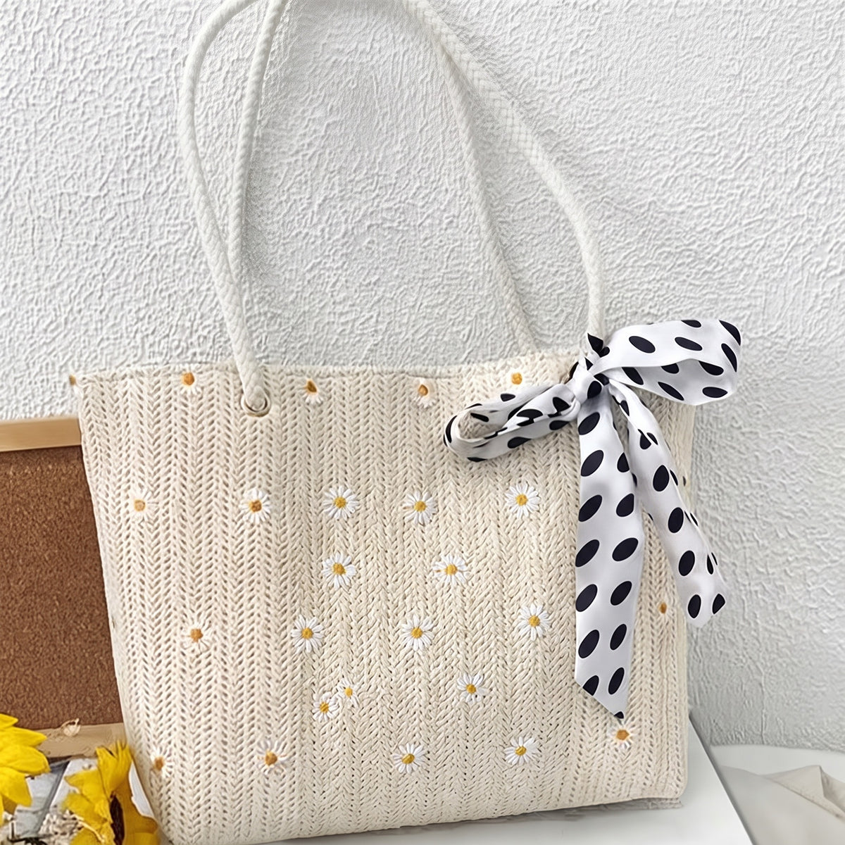 Seka Paul Women's Summer Straw-Style Tote Bag, Beige Floral Woven Beach Bag, Lightweight Casual Handbag