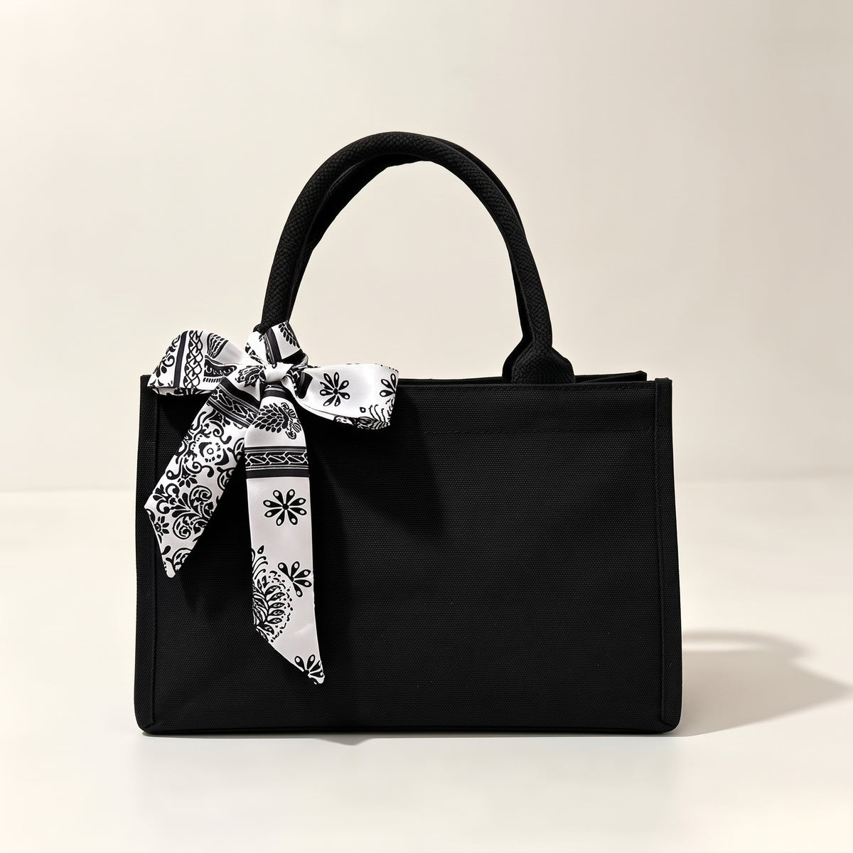 Women's Black Canvas Tote Bag with Bow, Spacious Multi-Compartment Shoulder Bag for Work, School, Shopping & Travel