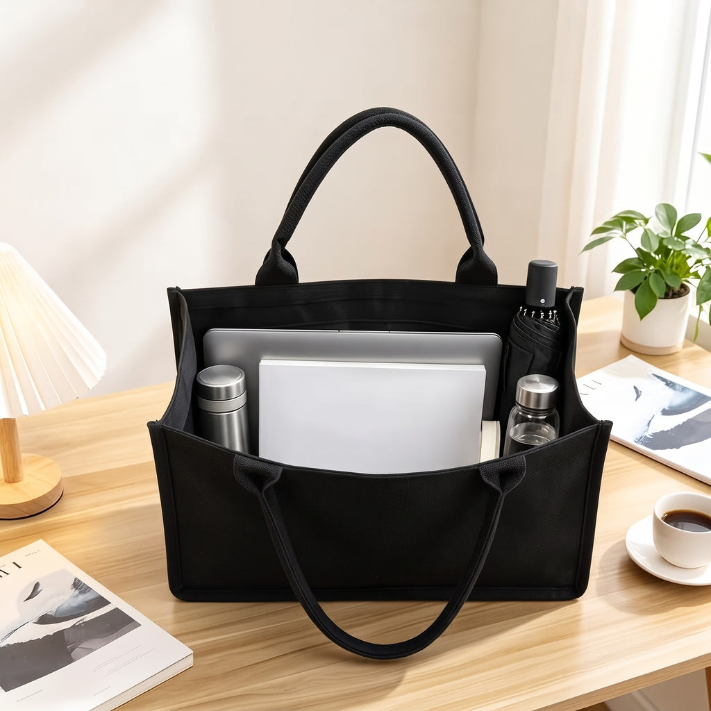 Women's Black Canvas Tote Bag with Bow, Spacious Multi-Compartment Shoulder Bag for Work, School, Shopping & Travel