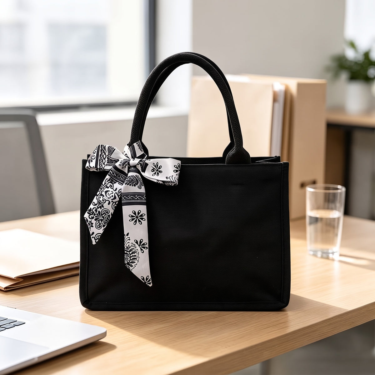 Women's Black Canvas Tote Bag with Bow, Spacious Multi-Compartment Shoulder Bag for Work, School, Shopping & Travel