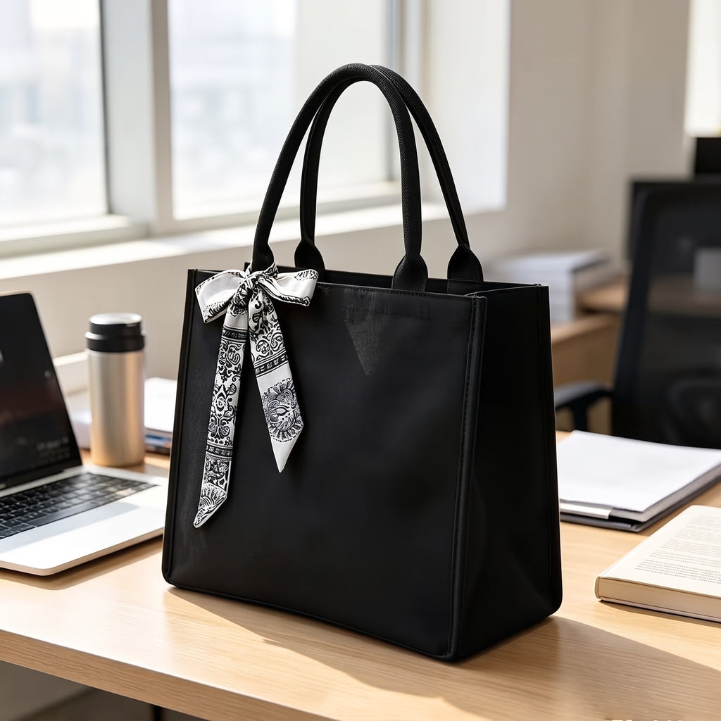 Women's Black Canvas Tote Bag with Bow, Spacious Multi-Compartment Shoulder Bag for Work, School, Shopping & Travel