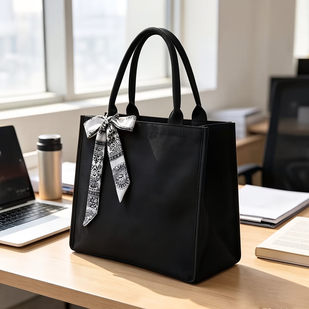 Women's Black Canvas Tote Bag with Bow, Spacious Multi-Compartment Shoulder Bag for Work, School, Shopping & Travel