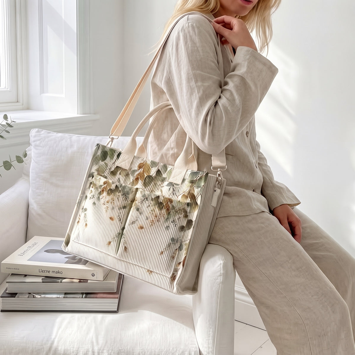 Women's Beige Watercolor Leaf Tote Bag, Corduroy-Style Printed Handbag with Handheld & Crossbody Carrying for Work, Travel & Shopping
