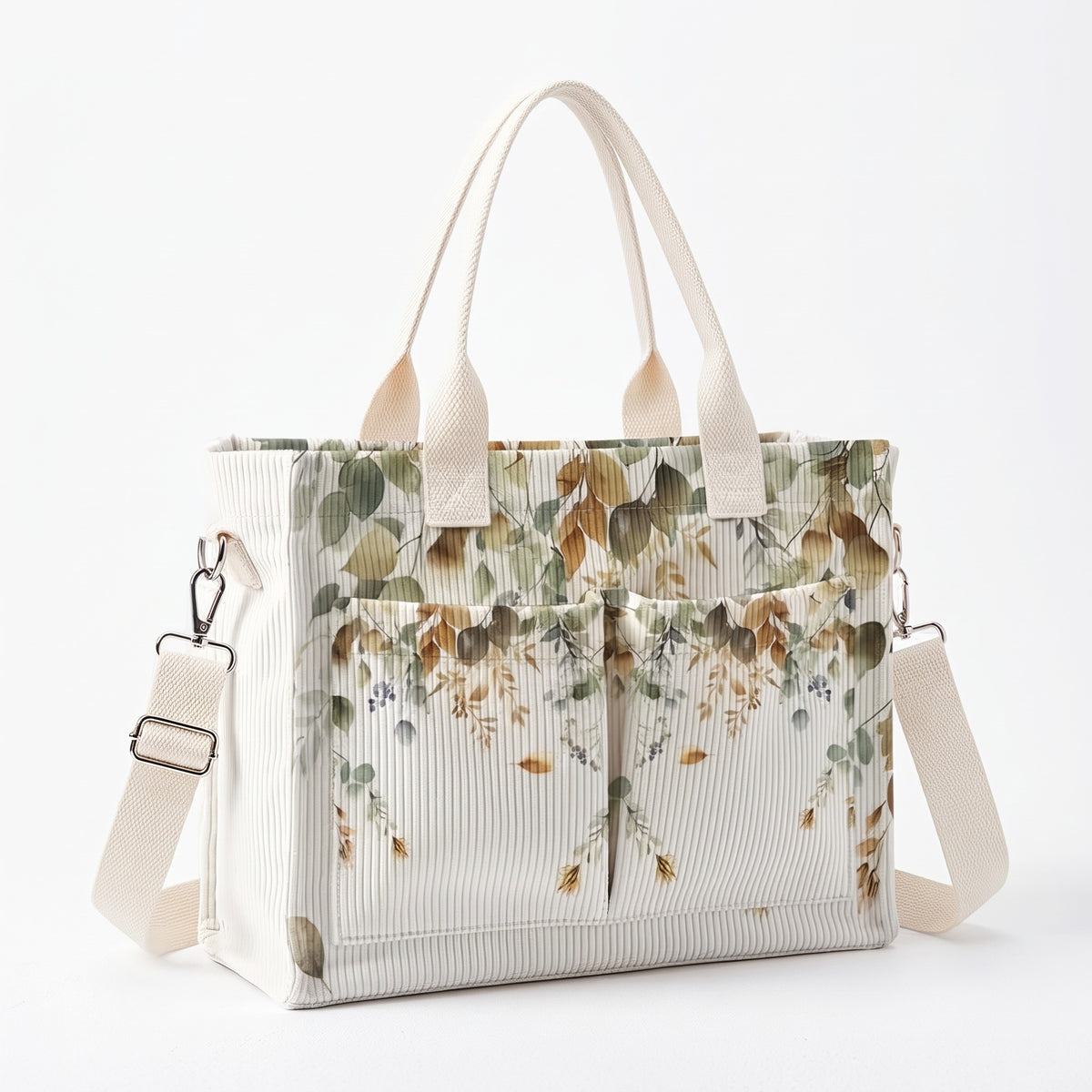 Women's Beige Watercolor Leaf Tote Bag, Corduroy-Style Printed Handbag with Handheld & Crossbody Carrying for Work, Travel & Shopping