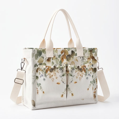 Women's Beige Watercolor Leaf Tote Bag, Corduroy-Style Printed Handbag with Handheld & Crossbody Carrying for Work, Travel & Shopping