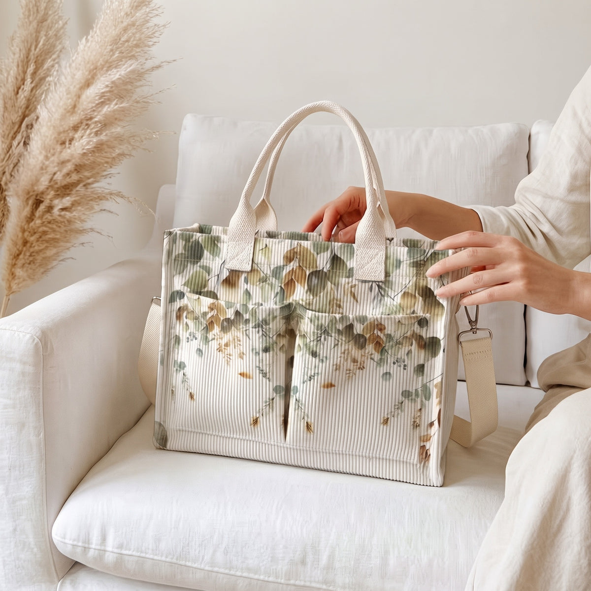 Women's Beige Watercolor Leaf Tote Bag, Corduroy-Style Printed Handbag with Handheld & Crossbody Carrying for Work, Travel & Shopping