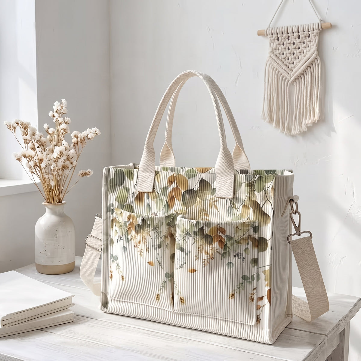 Women's Beige Watercolor Leaf Tote Bag, Corduroy-Style Printed Handbag with Handheld & Crossbody Carrying for Work, Travel & Shopping